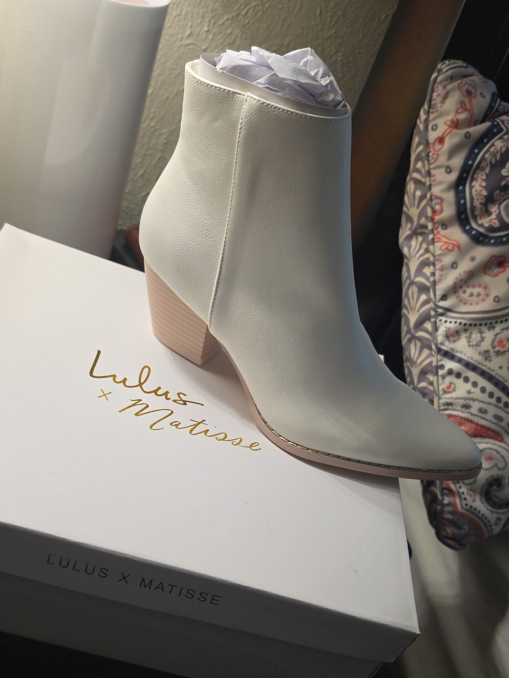Lulu's Cream Pointed Ankle Boot with Stacked Block Heel